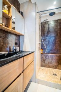 a bathroom with a shower and a sink at Castle view terrace - Swimming pool - Air conditioning in La Vancelle