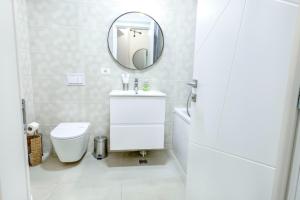 une salle de bain avec des toilettes blanches et un miroir dans l'établissement City Center Accommodation - 505, à Reşiţa 10 autres photos