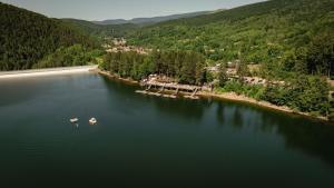 - une vue aérienne sur un lac avec des bateaux dans l'établissement City Center Accommodation - 505, à Reşiţa