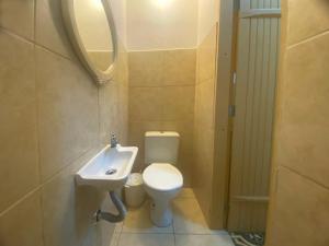 a small bathroom with a toilet and a sink at kitnet no Centro histórico in São João del Rei