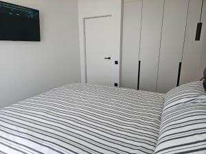 a bedroom with a striped bed and a white closet at ZEN home in Chişinău +19 photos