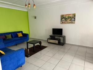 a living room with a blue couch and a tv at LesOiseaux in Yaoundé