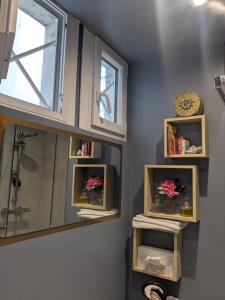 a bathroom with a mirror and two shelves with flowers at Cosy renovated little nest in historic MONTMARTRE in Paris