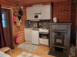 een kleine keuken met een fornuis en een open haard bij Suviranta in Jyväskylä