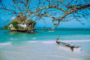 a man is standing in a boat on the beach at Outdoor Cinema Group Friendly Retreat in Pingwe
