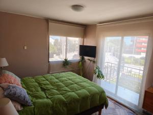 a bedroom with a green bed and a window at A pasos de la playa in Algarrobo