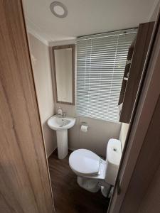 a small bathroom with a toilet and a sink at Luxury Seafront 3 Bedroom Caravan in Minishant