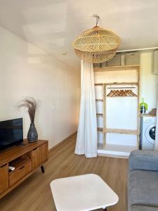 a living room with a couch and a television at Studio vue mer avec un accès plage à 1 min in Le Moule