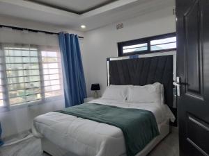 een slaapkamer met een groot bed met blauwe gordijnen bij T & M Apartments in Ndola +7 foto's