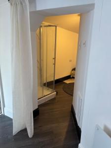 a walk in shower in a room with a glass door at Quirky renovated apartment Glastonbury in Glastonbury