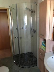 a shower with a glass door in a bathroom at FeWo M Becker 
