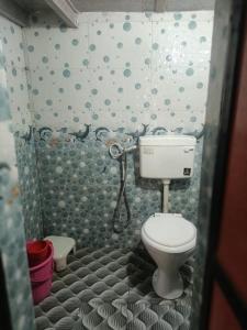 a small bathroom with a toilet in a shower at Parvati Niwas Homestay -Nearby Revdanda Beach & Fort - WiFi available in Alibaug