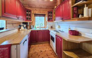 een keuken met rode kasten en een witte kookplaat bij Amazing Home In Skare With Sauna in Seljestad