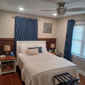 a bedroom with a large bed with blue curtains at Near the Center of it All in Raleigh