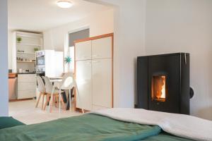 ein Schlafzimmer mit einem Kamin in einem Zimmer in der Unterkunft Lepold's Balkenzauber - Sasbachwalden zentral, mit Kamin und Weinbergblick, für 6 Personen, familienfreundlich in Sasbachwalden