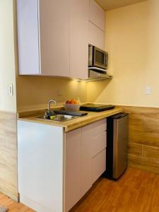 una cocina con fregadero y microondas en Departamento Bonito cama Queen, con acceso privado, en Ramos Arizpe