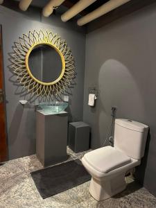 a bathroom with a toilet and a mirror on the wall at Pepper Hills Hostel & Cottages in Ella