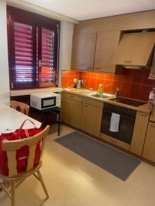 a kitchen with wooden cabinets and a sink and a table at Apartamento en el centro de rorschach in Rorschach