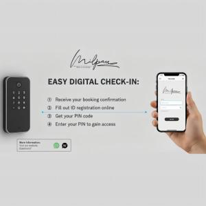 a hand holding a cell phone with an easy digital check in at MILPAU Herne1 - Zentrales, modernes Design-Apartment - Smart TV, Nespresso für 4 Personen in Herne
