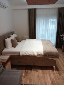 Un dormitorio con una cama grande y una ventana en Studio DORA SS, en Stari Banovci