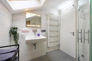 une salle de bain blanche avec lavabo et douche dans l'établissement Schwobanescht, à Unteruhldingen 20 autres photos