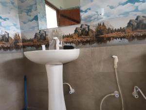 een badkamer met een wastafel en een spiegel bij Circle Edge Cabana in Kandy