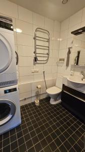 a bathroom with a washing machine and a toilet at Studio Borgen in Sigtuna +4 photos