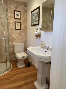 a bathroom with a sink and a toilet and a shower at Strandgut in Rostock +24 photos