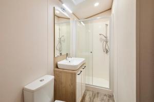 ヨークにあるFir Tree Lodge with Hot Tubのトイレ、洗面台、シャワー付きのバスルーム