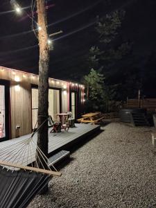 eine Hängematte um einen Baum vor einem Haus in der Unterkunft Лісове SPA in Vishenki + 13 Fotos