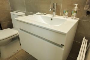 a bathroom with a white sink and a toilet at Milo Cosy T2 climatisé à 2 mn de la plage du 972 in Sainte-Luce +16 photos