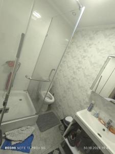 a bathroom with a shower and a toilet and a sink at Екохостел in Bishkek