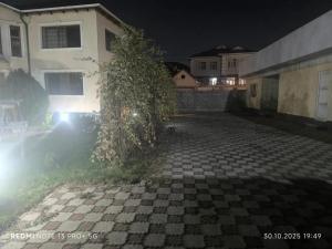 a tree in front of a building at night at Екохостел in Bishkek