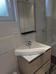 a bathroom with a sink and a mirror at Cozy apartment with terrace in Crach