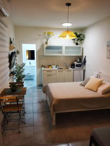 Un dormitorio con una cama y una cocina con fregadero. en Dekel Dom Baharava, en Beʼer Ora