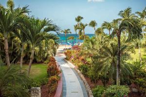 a walkway through a resort with palm trees and the ocean at Royal Islander Club Resort La Plage in Lowlands +125 photos