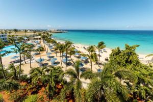 an aerial view of a beach with palm trees and umbrellas at Royal Islander Club Resort La Plage in Lowlands