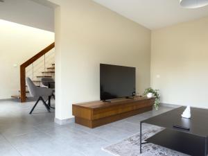 ein Wohnzimmer mit einem Flachbildfernseher an der Wand in der Unterkunft Maison contemporaine de 150 m2 avec garage privé et terrasse ensoleillée in Monswiller
