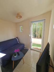 a living room with a blue couch and a television at Cozy studio with private garden and separate entrance in Villeneuve-Loubet