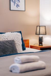 a bedroom with a bed and a lamp on a table at Penzion Rak Wellness in Černá v Pošumaví