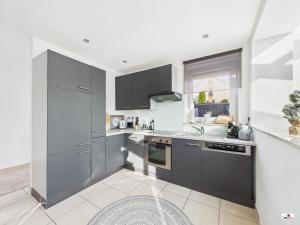 a kitchen with gray cabinets and a sink at Winter Garden Dream Steinheim in Steinheim an der Murr