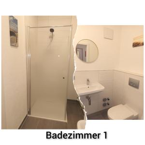 a bathroom with a shower and a toilet and a sink at A25 FeWo 180qm mit 5 Schlafzimmer, 2 Badezimmer für bis zu 8 Personen in Abstatt +15 photos