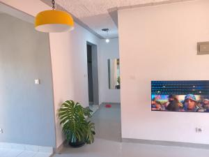 a hallway with a potted plant and a tv on a wall at Truenorth Apartments siem in Ukunda