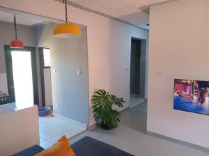 a living room with a potted plant and a tv at Truenorth Apartments siem in Ukunda