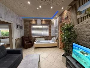 a living room with a couch and a tv at Apartment bei Oberndorf - Schwanenstadt in Schwanenstadt