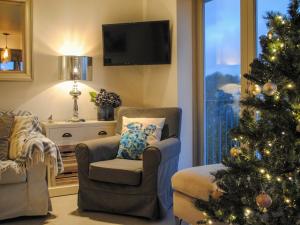 ein Wohnzimmer mit einem Weihnachtsbaum und einem Stuhl in der Unterkunft Raleigh House in Salcombe