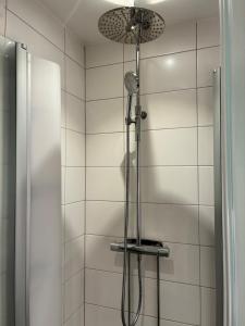 a shower with a shower head in a bathroom at Close to Gothenburg & the sea - with your own sauna! in Billdal