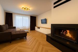 a living room with a couch and a fireplace at Transrarau Lodge in Pojorâta