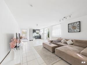 a living room with a couch and a tv at Winter Garden Dream Steinheim in Steinheim an der Murr