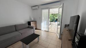 ein Wohnzimmer mit Sofa und Fernseher in der Unterkunft Maison à Cervione Prunete jardin piscine accès direct plage in Cervione